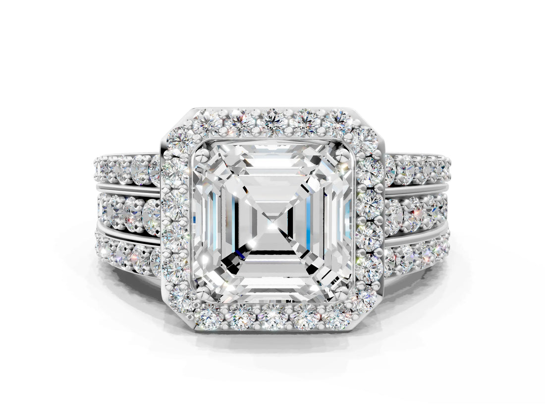 Platinum 8 Carat Asscher Cut Halo  Ring with Split Shank and Four-Prong Setting_12