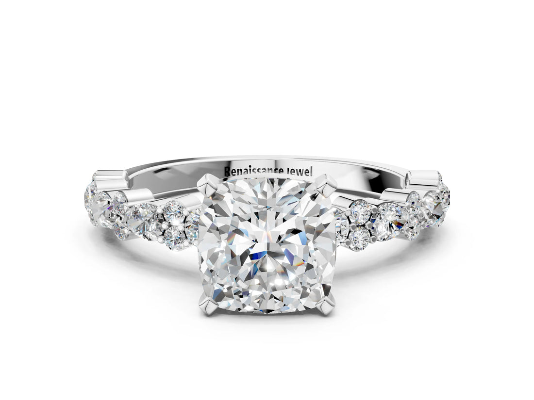 Platinum 8 Carat Cushion Cut  Solitaire with Side Stones, Pave Band, Four-Prong Setting_24