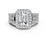 Platinum 9 Carat Emerald Cut Halo  Ring with Split Shank and Four-Prong Setting_12