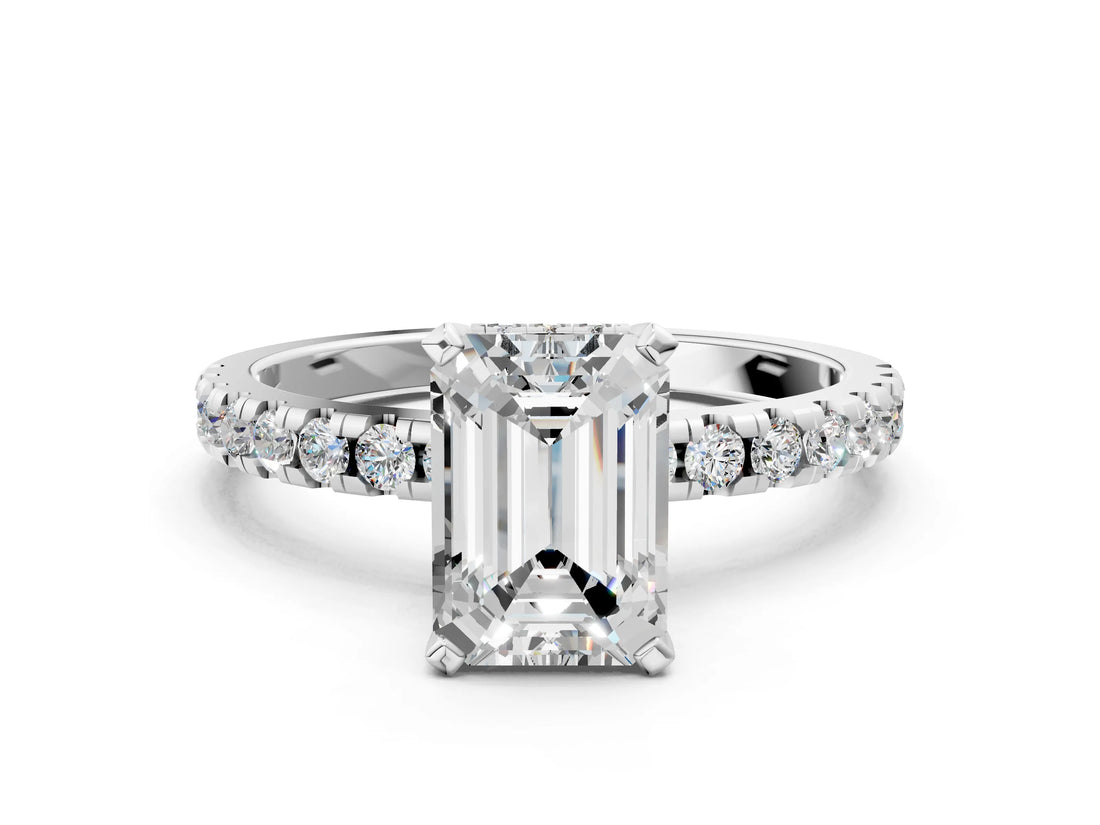 Platinum 9 Carat Emerald Cut  Solitaire Ring with Pavé Band and Four-Prong Setting_12
