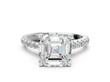 Platinum Asscher Brilliant Diamond Solitaire with Pavé Band and Four-Prong Setting 1