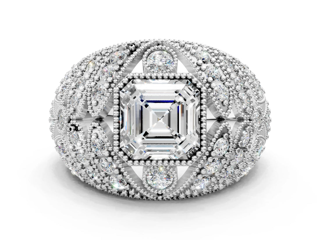 Platinum Asscher Cut Brilliant Halo Pave Diamond Milgrain Ring_13