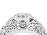 Platinum Asscher Cut Brilliant Halo Pave Diamond Milgrain Ring_17