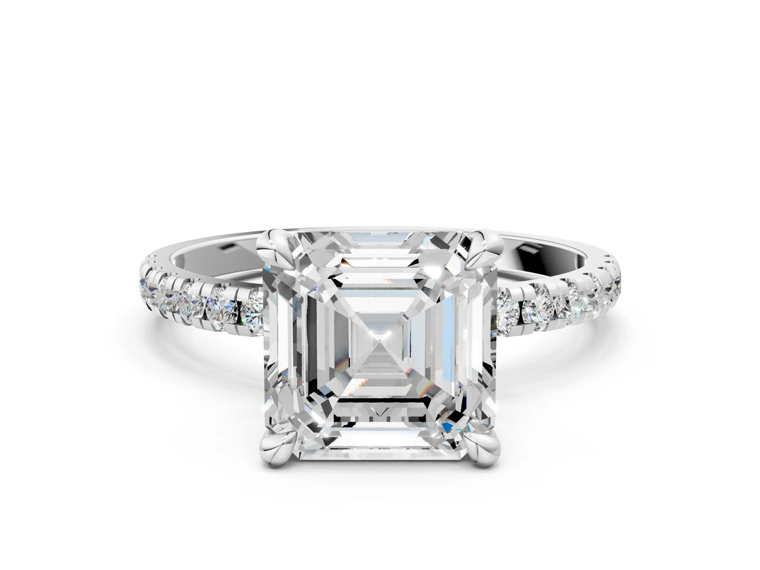 Platinum Asscher Cut Diamond Brilliant Solitaire Ring with Pavé Band and Four-Prong Setting
