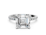 Platinum Asscher Cut Diamond Brilliant Solitaire Ring with Pavé Band and Four-Prong Setting