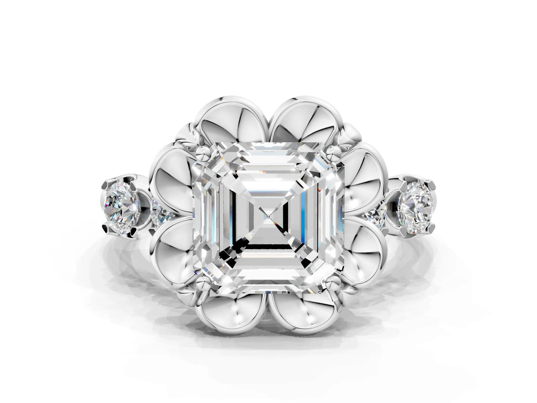 Platinum Asscher Cut Diamond Floral Halo Engagement Ring with Shared Prong Setting