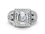 Platinum Asscher Cut Diamond Halo Ring with Split Shank and Bezel Accents and Four-Prong Setting_13