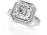 Platinum Asscher Cut Diamond Milgrain Halo Engagement Ring with Round Pavé Band and Prong Setting_13