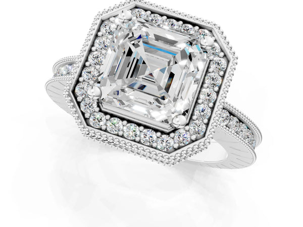 Platinum Asscher Cut Milgrain Hidden Halo Engagement Ring Setting