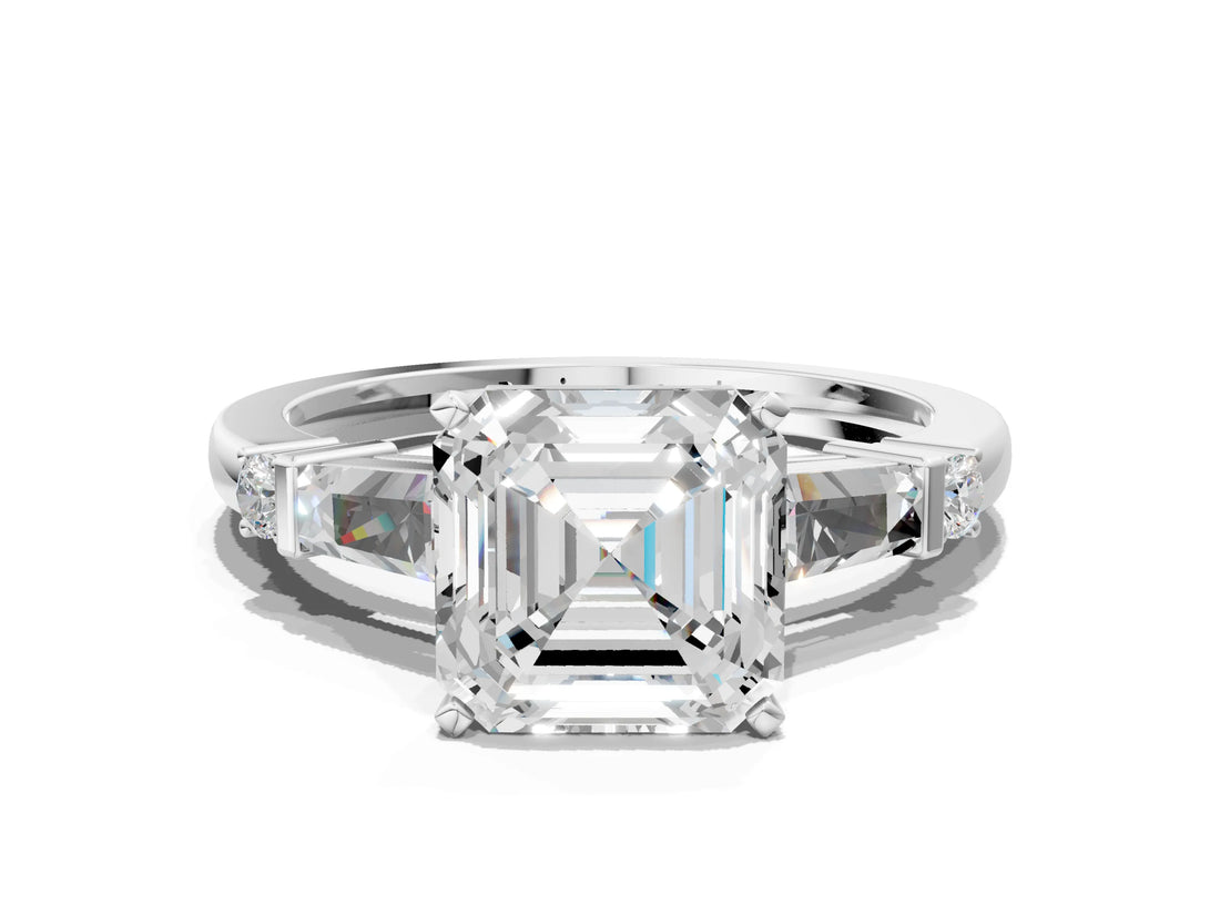 Platinum Asscher Cut Diamond Ring with Baguette Side Stones, Channel Set Band, and Four-Prong Setting_25