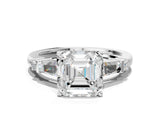 Platinum Asscher Cut Diamond Ring with Baguette Side Stones, Channel Set Band, and Four-Prong Setting_25