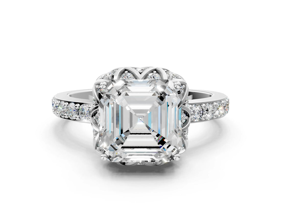 Platinum Asscher Cut Diamond Scalloped Halo Engagement Ring with Round Shared Prong Band_12