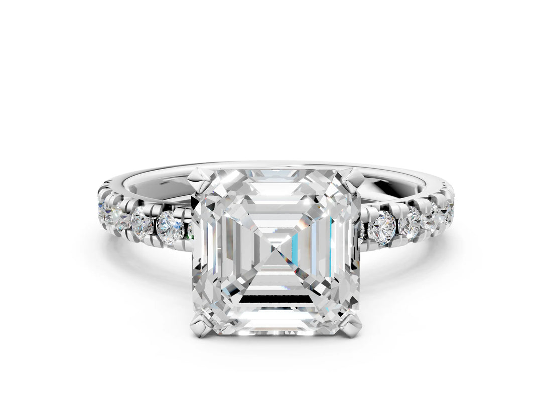 Platinum Asscher Cut Diamond Solitaire Pavé Engagement Ring with Round Band and Prong Setting_2