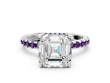 Platinum Asscher Cut Diamond Solitaire Ring with Round with Amethyst side stone Pavé Band and Four-Prong Setting_12