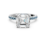 Platinum Asscher Cut Diamond Solitaire Ring with Round with Aquamarine side stone Pavé Band and Four-Prong Setting_12