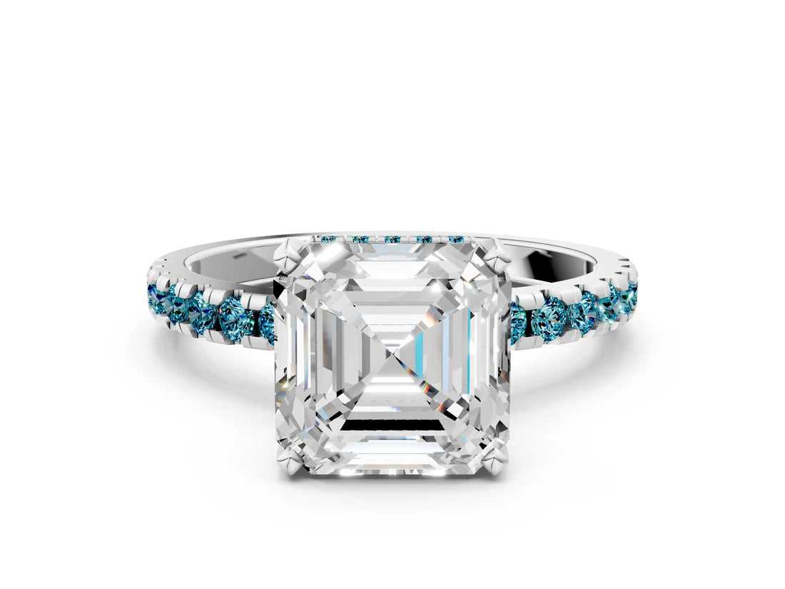 Platinum Asscher Cut Diamond Solitaire Ring with Round with Blue Topaz side stone Pavé Band and Four-Prong Setting_12