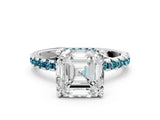Platinum Asscher Cut Diamond Solitaire Ring with Round with Blue Topaz side stone Pavé Band and Four-Prong Setting_12