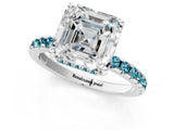 Platinum Asscher Cut Diamond Solitaire Ring with Round with Blue Topaz side stone Pavé Band and Four-Prong Setting_13