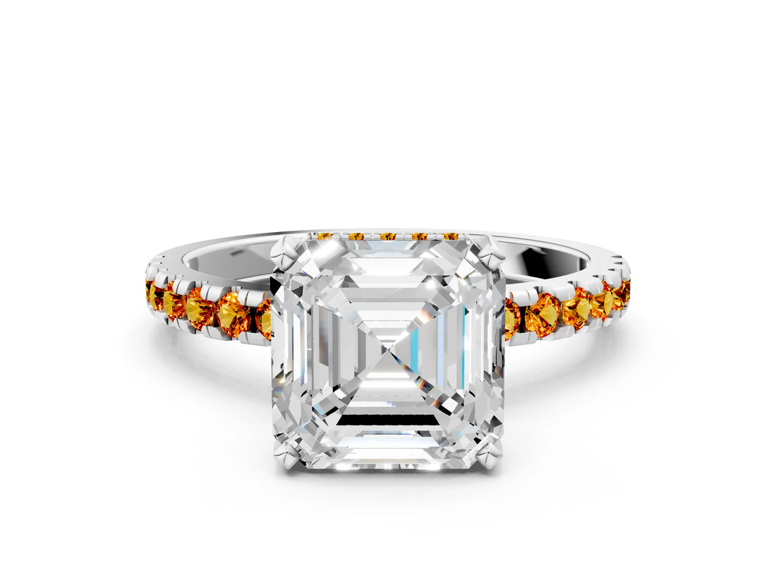 Platinum Asscher Cut Diamond Solitaire Ring with Round with Citrine side stone Pavé Band and Four-Prong Setting_12