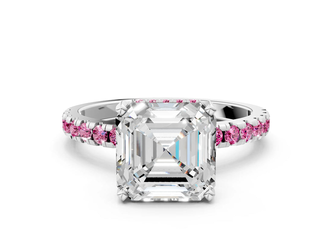 Platinum Asscher Cut Diamond Solitaire Ring with Round with Pink Sapphire side stone Pavé Band and Four-Prong Setting_12