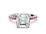 Platinum Asscher Cut Diamond Solitaire Ring with Round with Pink Sapphire side stone Pavé Band and Four-Prong Setting_12