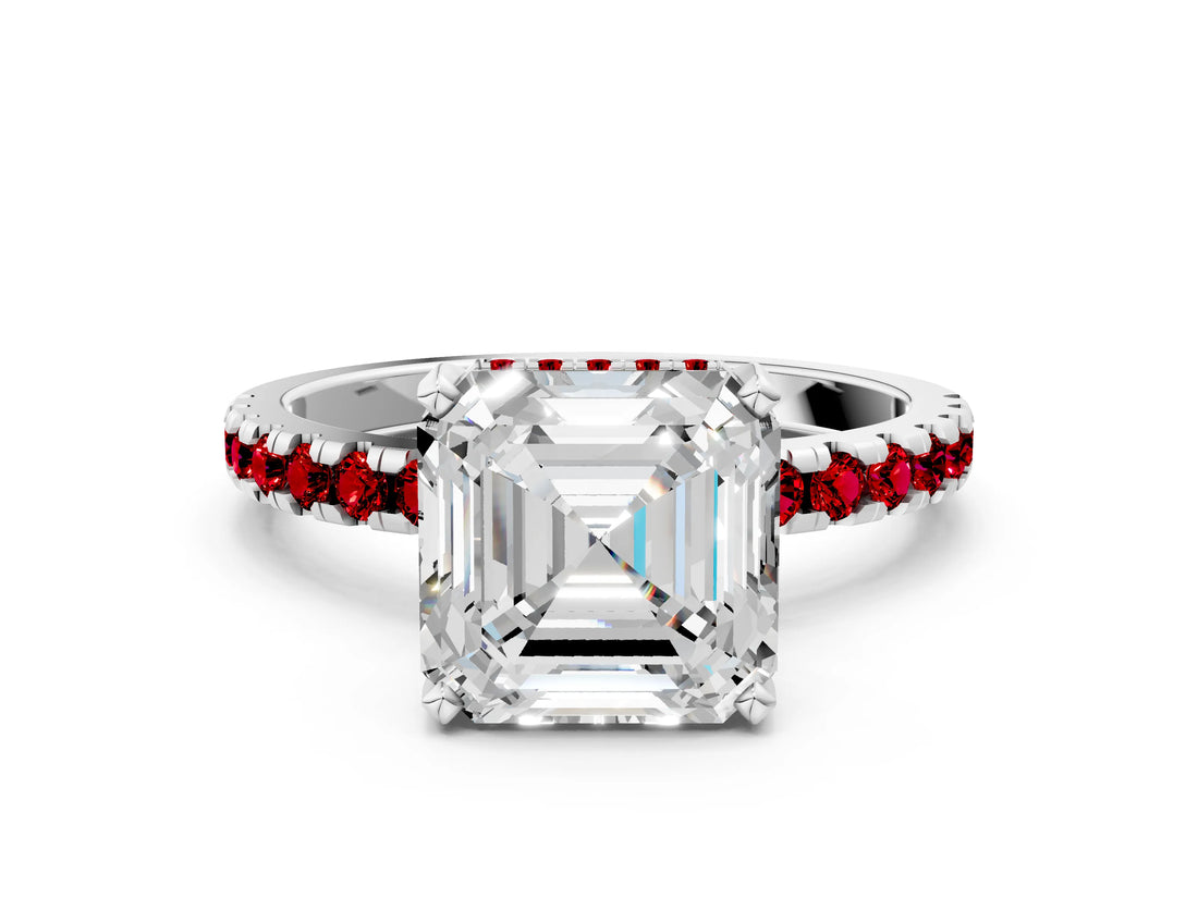 Platinum Asscher Cut Diamond Solitaire Ring with Round with Ruby side stone Pavé Band and Four-Prong Setting_12