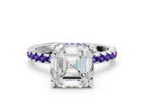 Platinum Asscher Cut Diamond Solitaire Ring with Round with Tanzanite side stone Pavé Band and Four-Prong Setting_12