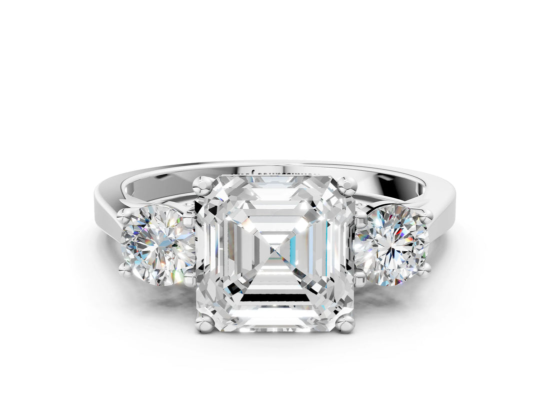 Platinum Asscher Cut Diamond Three-Stone Engagement Ring with Prong Setting and Pavé Band_31