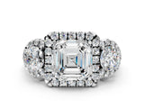 Platinum Asscher Cut Diamond Three-Stone Halo Ring with Prong Setting and Pavé Accents_13