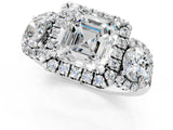 Platinum Asscher Cut Diamond Three-Stone Halo Ring with Prong Setting and Pavé Accents_14