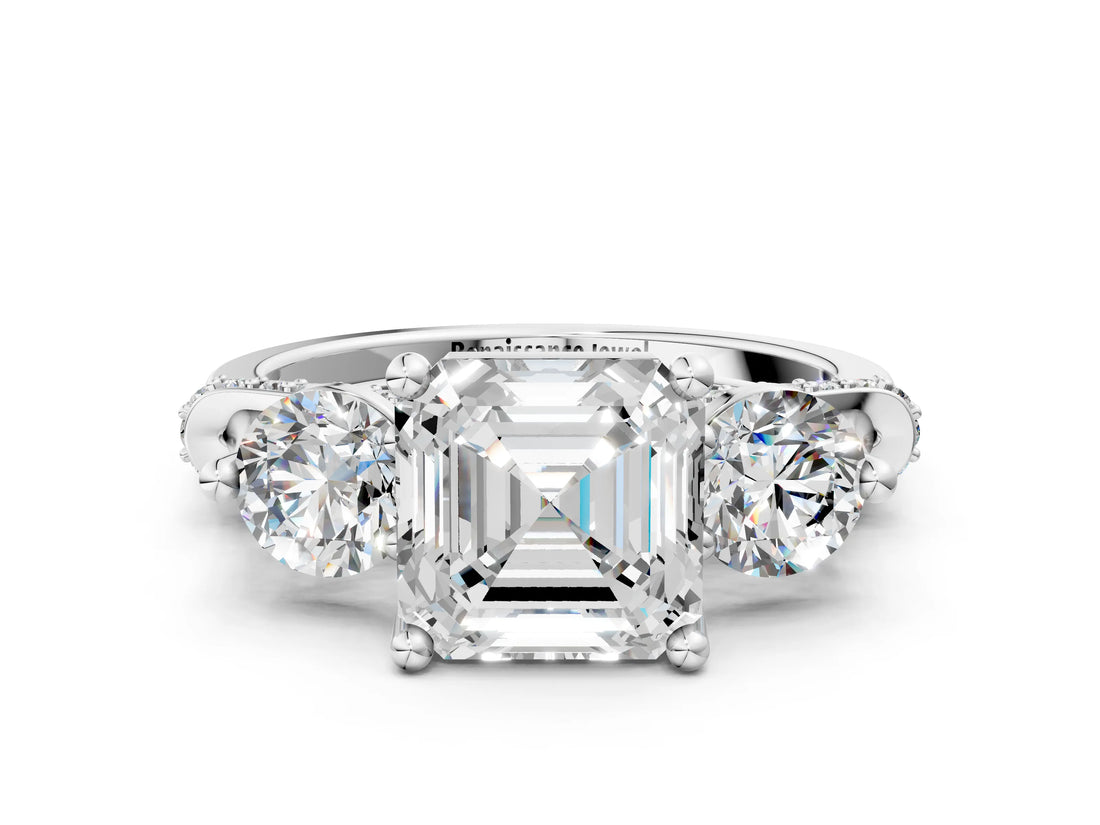 Platinum Asscher Cut Diamond Three-Stone Ring with Prong Setting and Pavé Band_7