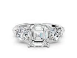 Platinum Asscher Cut Diamond Three-Stone Ring with Prong Setting and Pavé Band_7