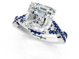 Platinum Asscher Cut Diamond with Blue Sapphire side stone Halo Twist Band Solitaire Prong Setting Ring_1