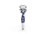 Platinum Asscher Cut Diamond with Blue Sapphire side stone Halo Twist Band Solitaire Prong Setting Ring_2
