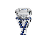 Platinum Asscher Cut Diamond with Blue Sapphire side stone Halo Twist Band Solitaire Prong Setting Ring_5