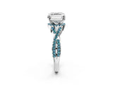 Platinum Asscher Cut Diamond with Blue Topaz side stone Halo Twist Band Solitaire Prong Setting Ring_2