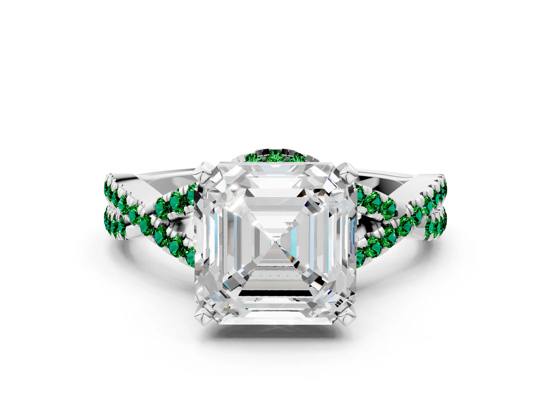 Platinum Asscher Cut Diamond with Emerald side stone Halo Twist Band Solitaire Prong Setting Ring