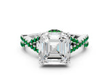 Platinum Asscher Cut Diamond with Emerald side stone Halo Twist Band Solitaire Prong Setting Ring