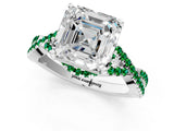 Platinum Asscher Cut Diamond with Emerald side stone Halo Twist Band Solitaire Prong Setting Ring_1