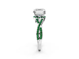 Platinum Asscher Cut Diamond with Emerald side stone Halo Twist Band Solitaire Prong Setting Ring_2