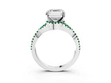 Platinum Asscher Cut Diamond with Emerald side stone Halo Twist Band Solitaire Prong Setting Ring_3