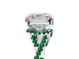Platinum Asscher Cut Diamond with Emerald side stone Halo Twist Band Solitaire Prong Setting Ring_5
