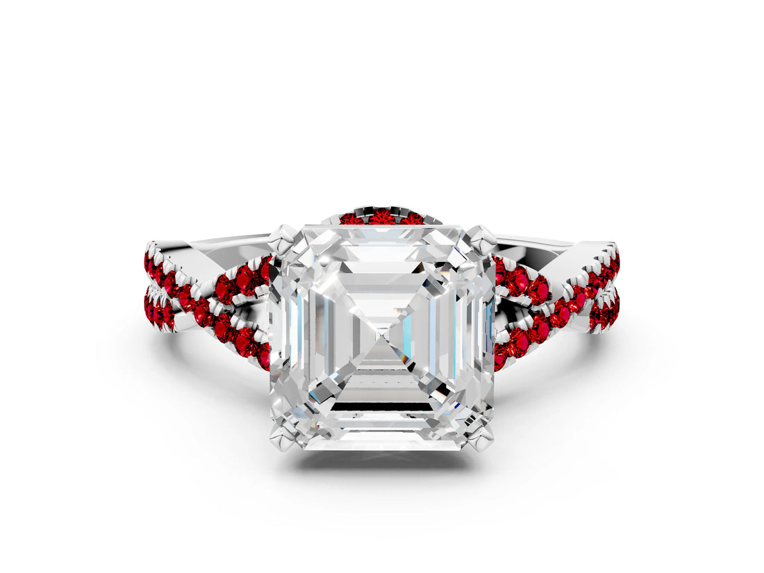 Platinum Asscher Cut Diamond with Ruby side stone Halo Twist Band Solitaire Prong Setting Ring