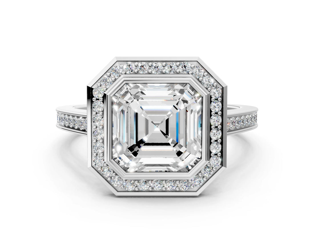 Platinum Asscher Cut Halo Bezel Diamond Pave Band Ring_13