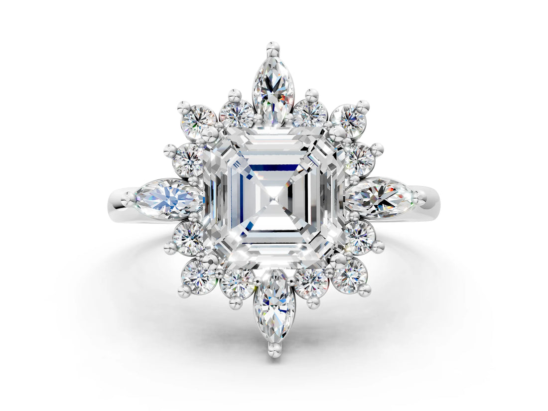 Platinum Asscher Cut Halo Diamond Cluster Ring with Marquise and Round Stones on a White Gold Band with Prong Setting_13