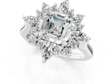 Platinum Asscher Cut Halo Diamond Cluster Ring with Marquise and Round Stones on a White Gold Band with Prong Setting_14