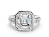 Platinum Asscher Cut Halo Diamond Ring with Beaded Split Shank and Four-Prong Setting_13