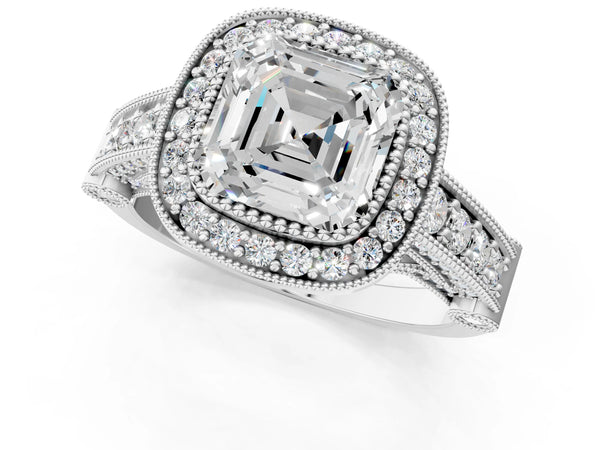 Platinum Asscher Cut Vintage Bezel Halo Engagement Ring Setting