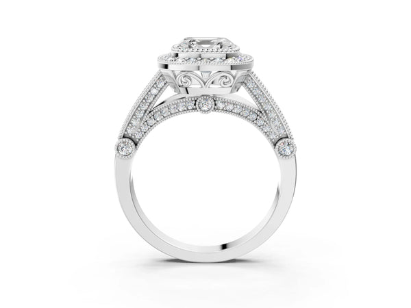 Platinum Asscher Cut Vintage Bezel Halo Engagement Ring Setting