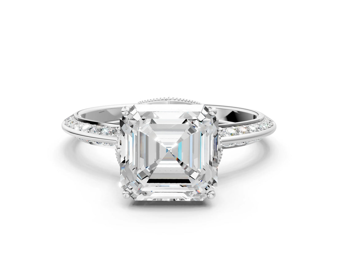 Platinum Asscher Cut Solitaire Split Shank Pave Diamond Engagement Ring with Four-Prong Setting_13